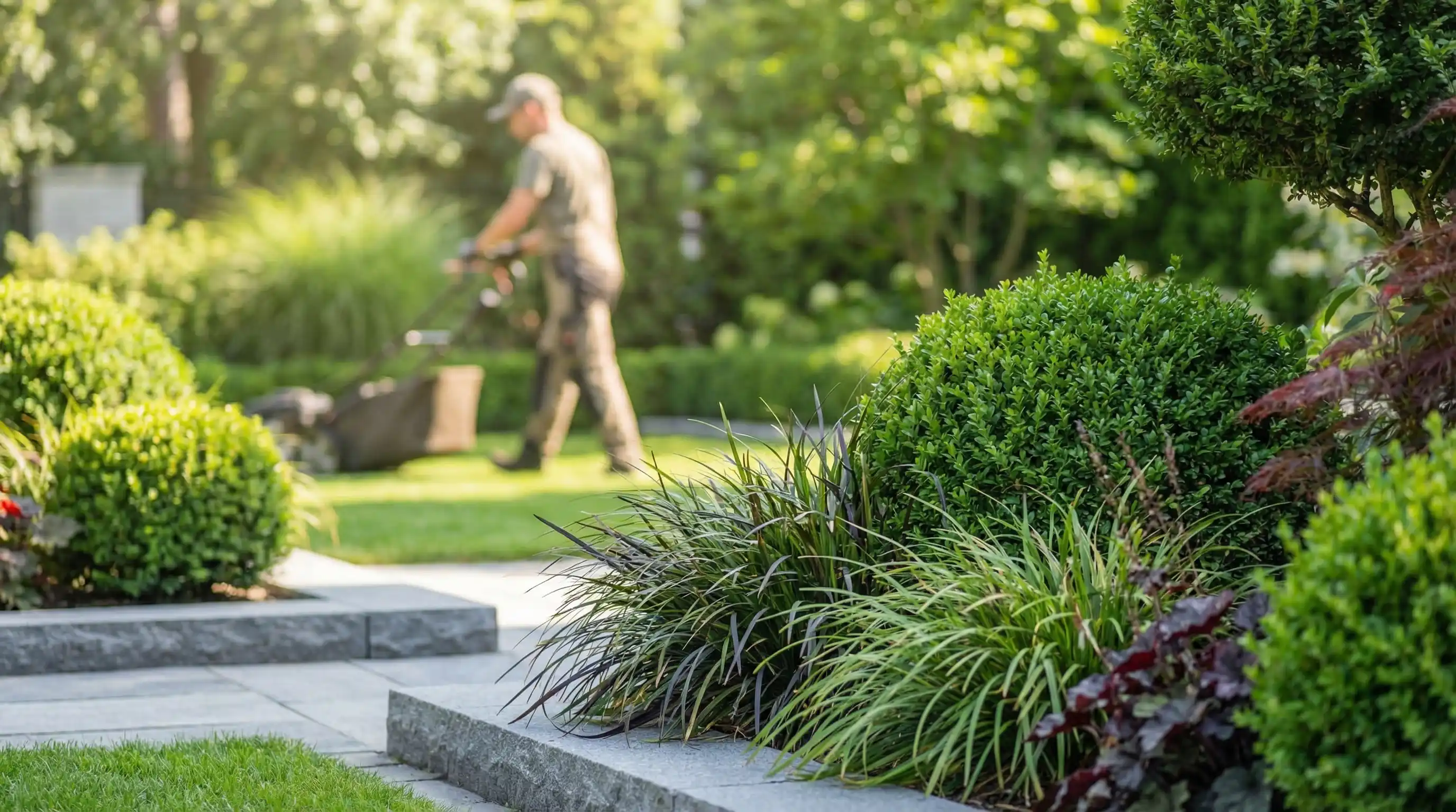 Grüne Gartenlandschaft und Rasenfläche im Hintergrund